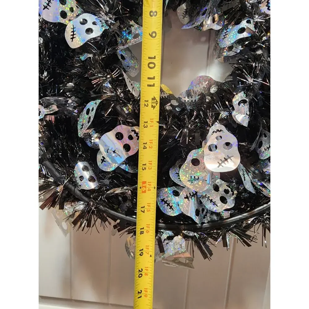 Halloween Tinsel Wreath Black with Silver Skeletons Door Decor 19